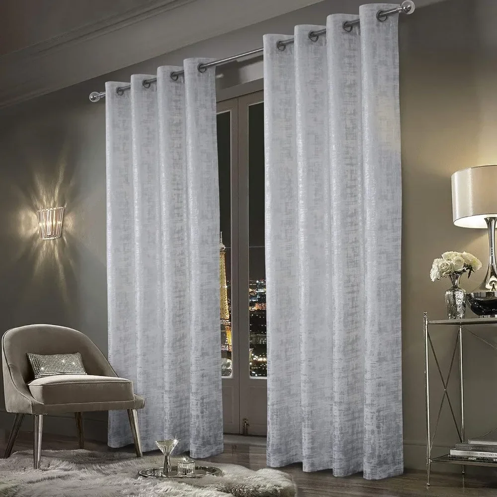 

100% Blackout Soft Velvet Curtains Thermal Energy Saving 95 Inches Long Luxury Silver Foil Print Drapes 2 Panels White