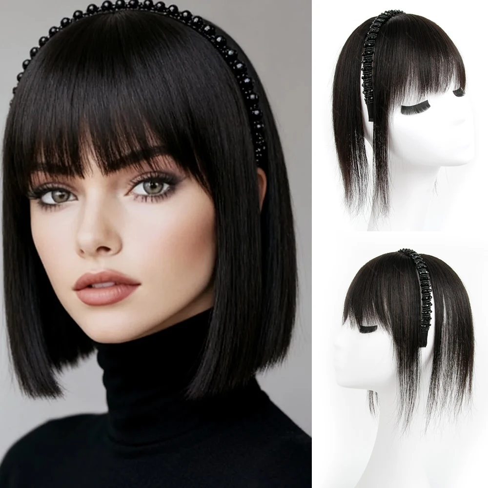 실제 인모 앞머리와 헤어밴드 일체형 헤어 토퍼 머신 웨프트, 이마와 뒷머리의 흰머리 커버, 블랙 브라운