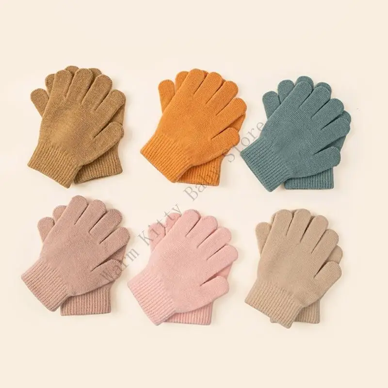 

1 Pair Solid Color Knitted Autumn Winter Warm Children Gloves Elastic Acrylic Knitting Thermal Baby Mittens For 3-8 Years Old