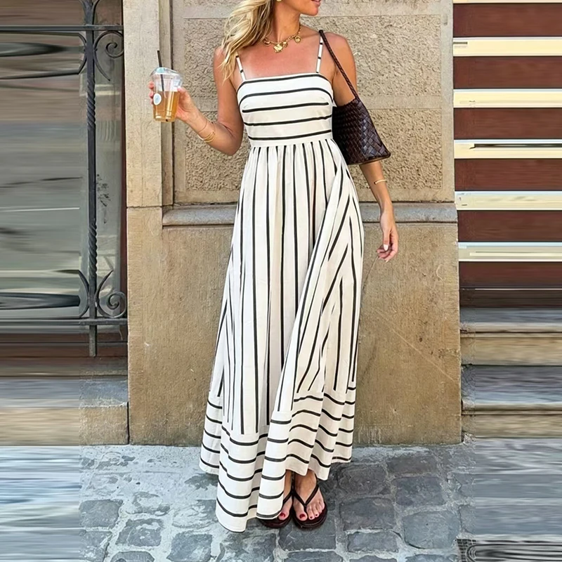 Sexy Camisole Off Shoulder High Waist Pleate Dress Trendy Strip Backless Holiday Dress Casual Drawstring Sleeveless A-Line Dress
