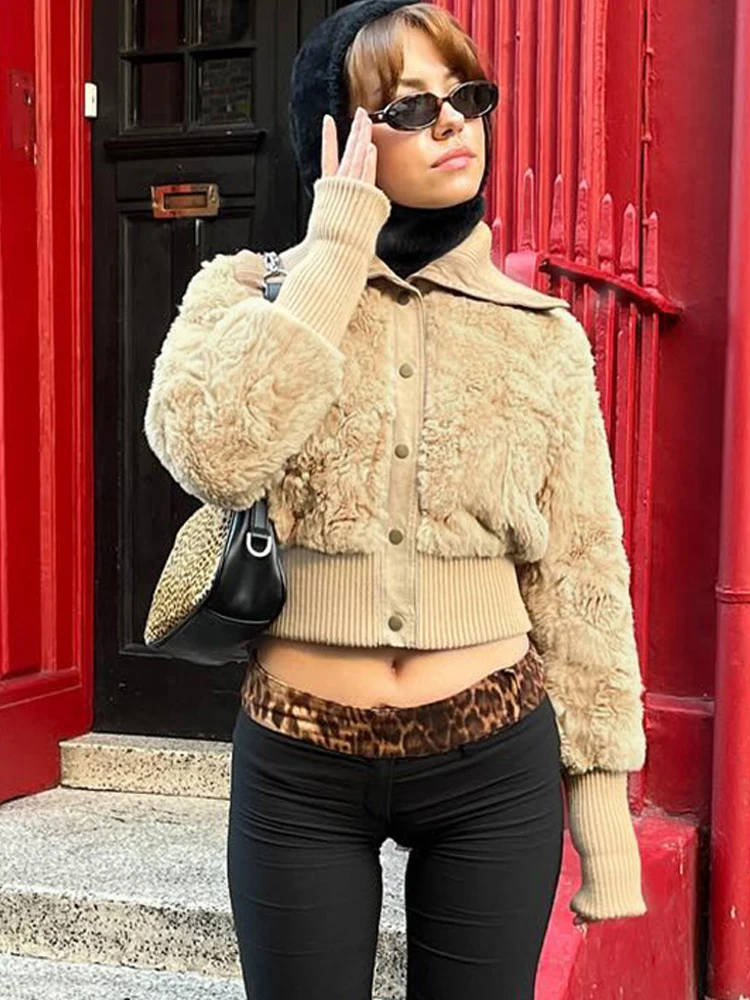 BKQU-Chaqueta cálida de piel sintética para mujer, abrigo corto ajustado a la moda con cuello vuelto y una hilera de botones, ropa de calle Y2K 2024