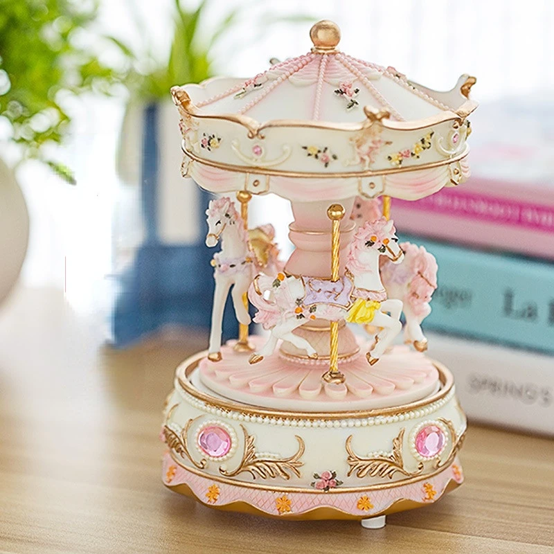 Carousel Music Box Spring Button Blue Pink Purple Colorful Light Resin Music Box Creative Birthday Gift for Children and Girls