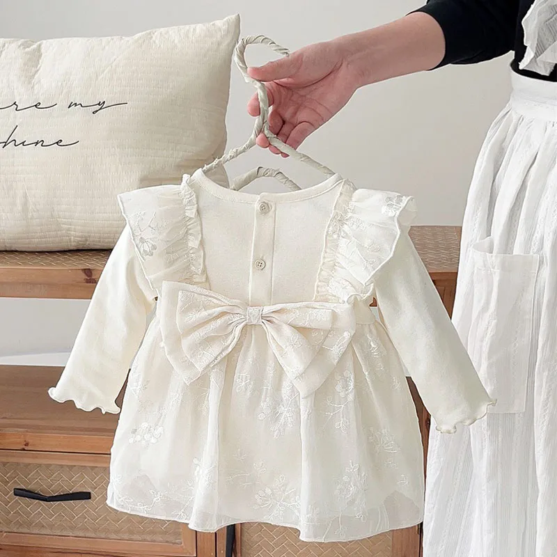 2025 New Spring 0-24M Children Clothes Toddler Baby Girl Romper Long Sleeved Cotton Mesh Splicing Newborn Baby Girl Jumpsuit+Hat