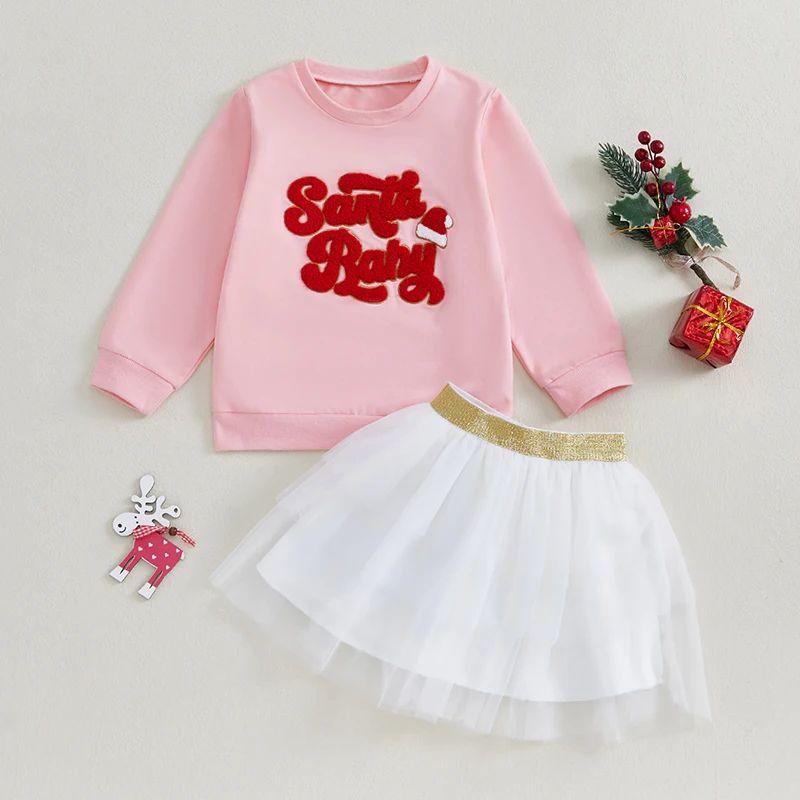 

Suefunskry Little Girls Christmas Set Long Sleeve Letter Embroidered Sweatshirt Tops Puffy Gauze Skirt 2-Piece Outfits