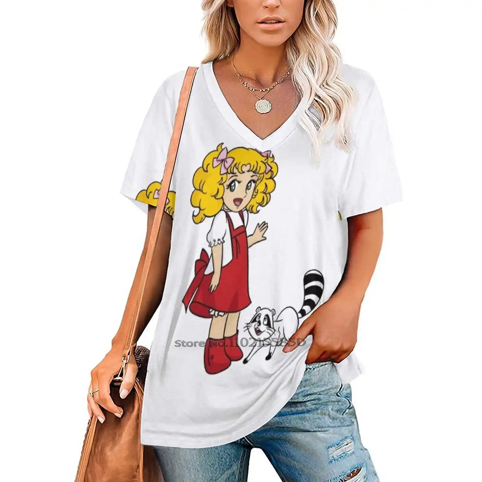 Candy Candy Cartoon Animated Woman Tshirts Printed Tops Zipper V-Neck Top Fashion Graphic T Shirt Candy Candy Clint Candy Anime