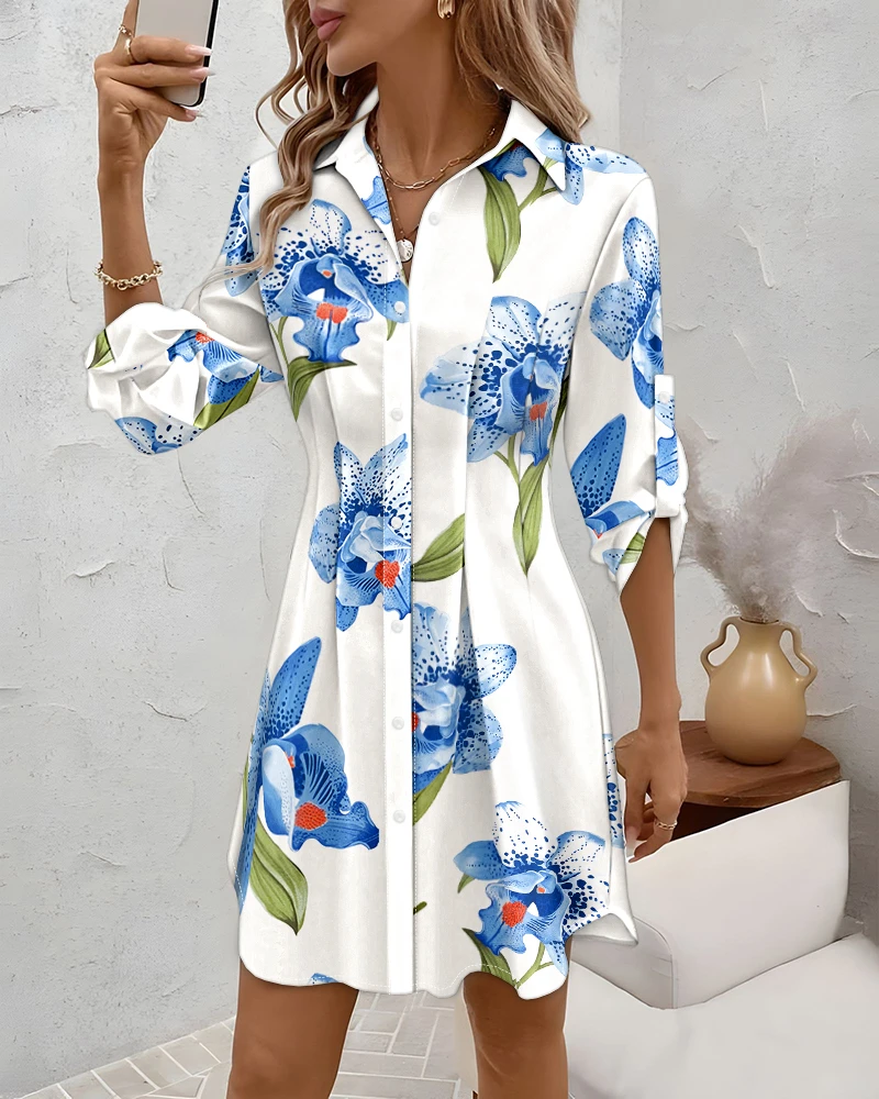 

Floral Print Turn-Down Collar Long Sleeve Shirt Dress
