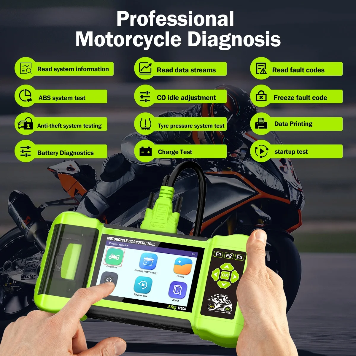 Nieuwe Jdiag M300 Motorfiets Diagnostische Scanner Handheld Diagnostische Motorfiets Universele 12V Batterij Tester