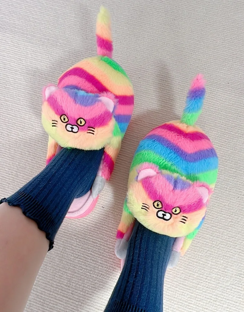 Kawaii Regenbogen Kitty Slipper Frau Flauschige Indoor Rutschen Schuhe Hause Kätzchen Teppich Hausschuhe für Frauen Winter Warme Zimmer Flip-Flops – Detail 15