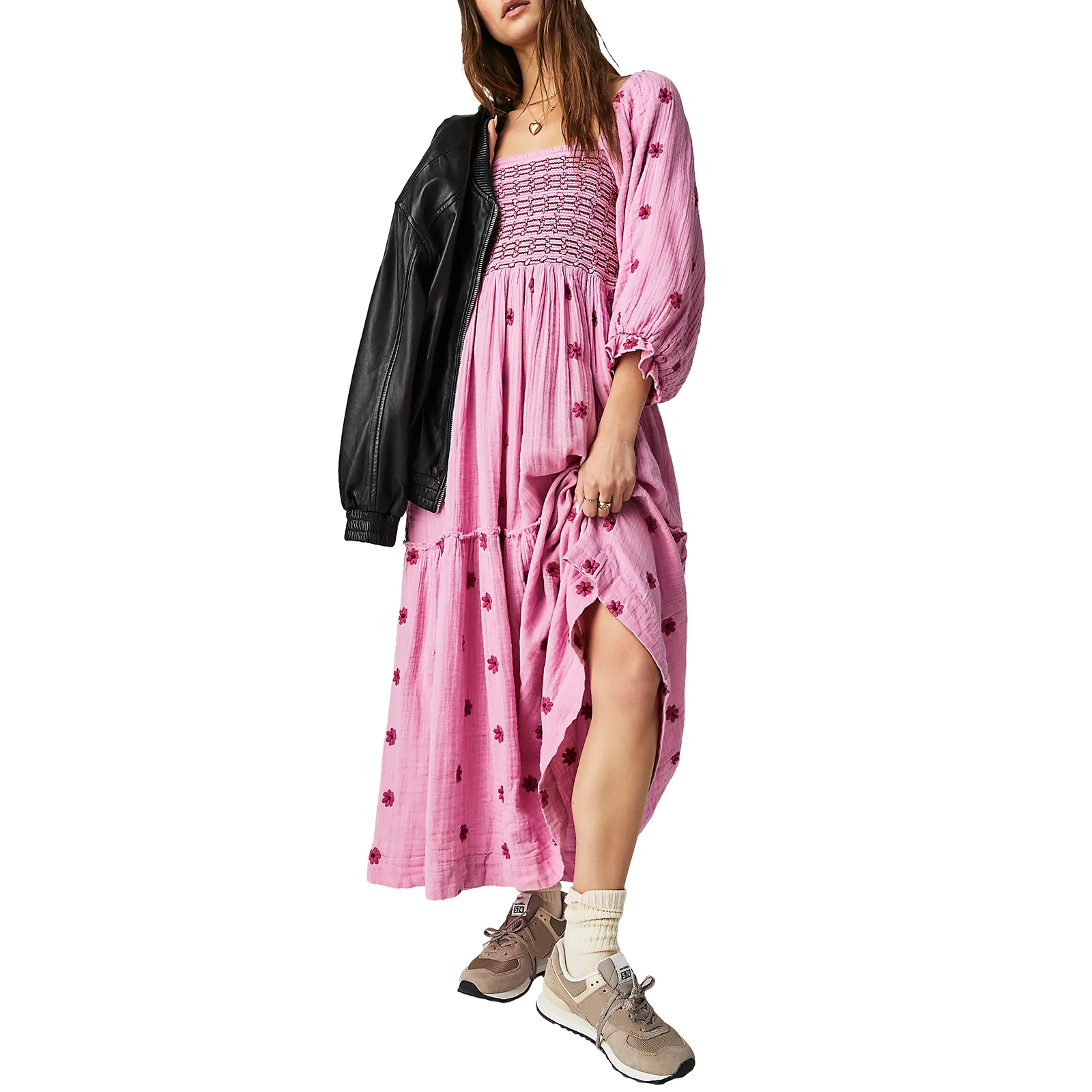 Dames Zomer Casual Lange Jurk 3d Geborduurde Bloemen Jurk Met Vierkante Hals En Pofmouwen, Mode Jurk Met Rugloze A-Lijn