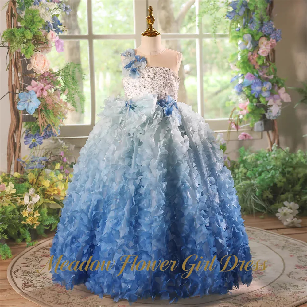Meadow Royal Blue Princess Girls Dress Round Neck  First Communion Gown Gradient Blue Petal Children Birthday Wedding Dresses