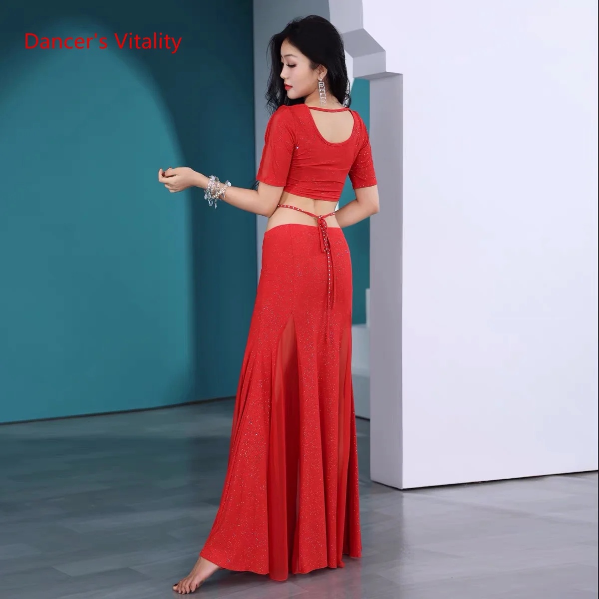 Frauen Proffesional Bauchtanz Kostüm Sexy Kurzen Ärmeln Top Lange Rock Exotische Dancewear Anzug Mädchen Oriental Dance Outfit Tuch