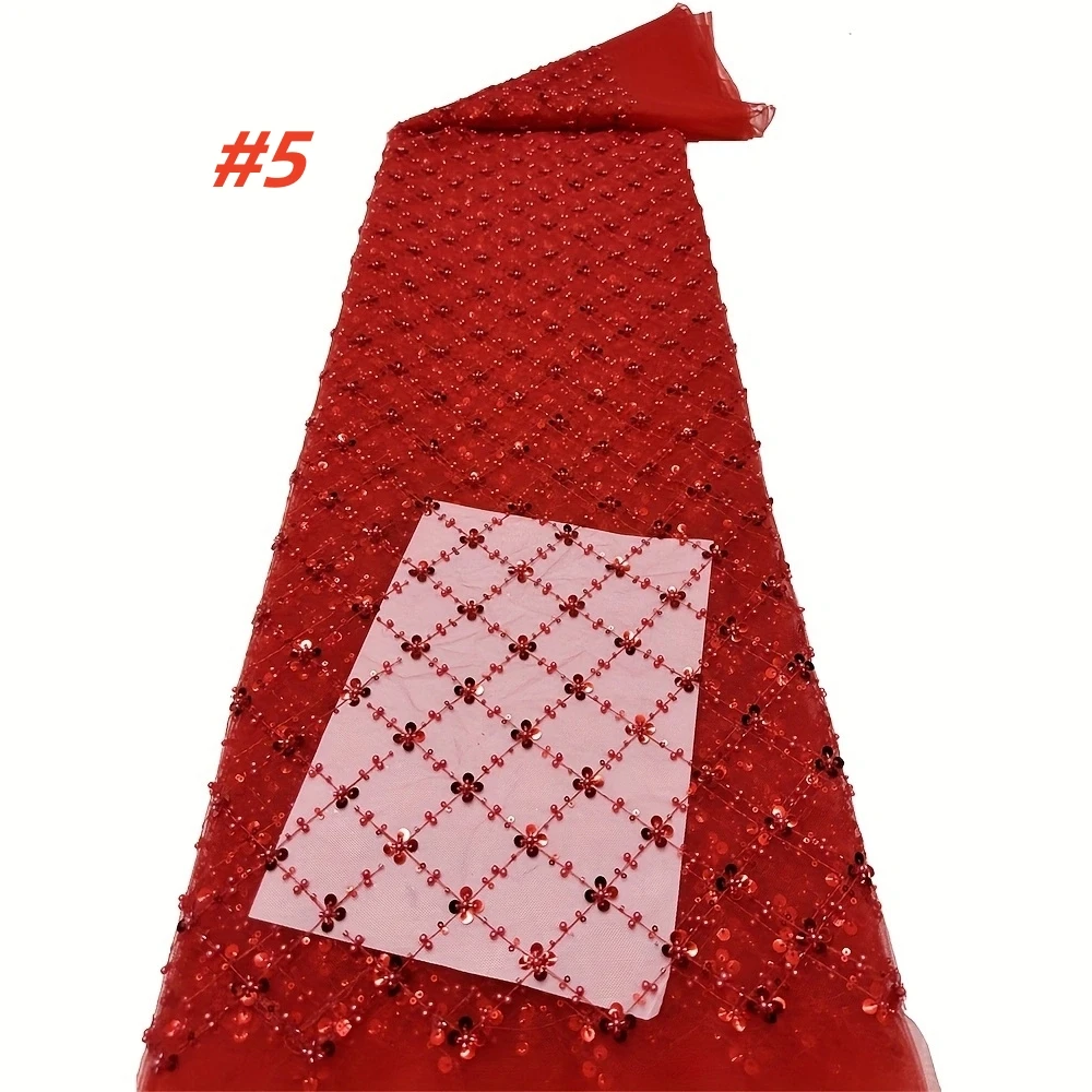 

Wholesale High Quality African Beads Mesh Lace Fabric 5 Yards French Nigerian Groom Sequins Lace for Wedding Party Dress Sewing