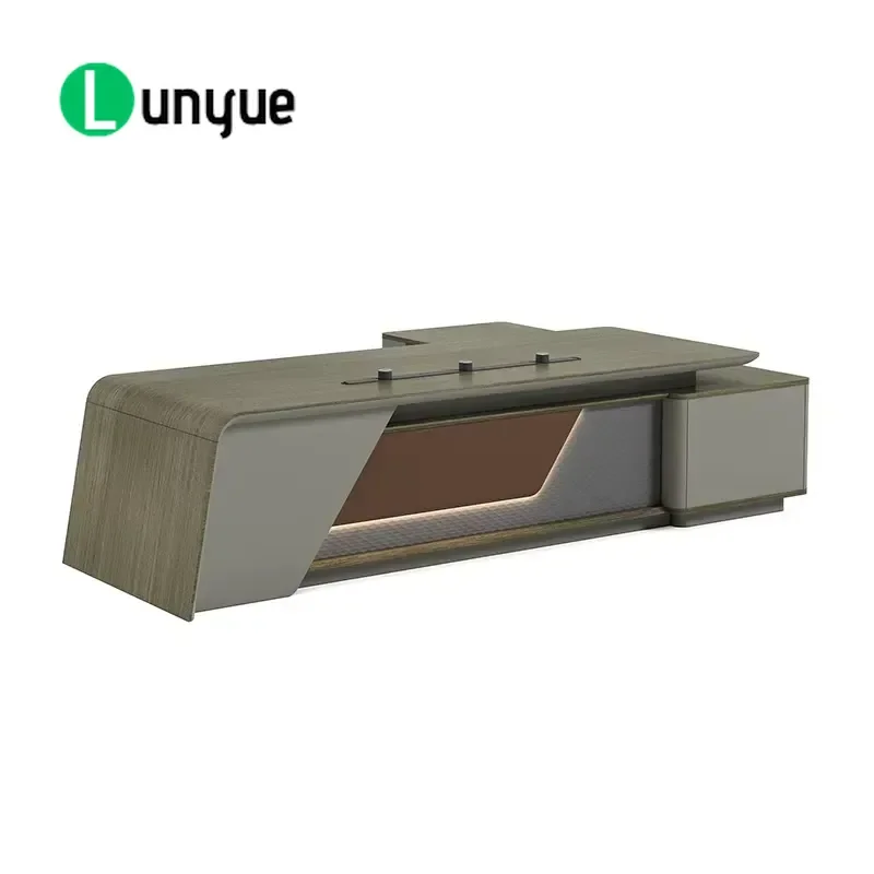L Shaped Office Desk with Hidden LED Strip Lighting and Independent Side Filing Cabinet Luxury Manager Work Table for Home