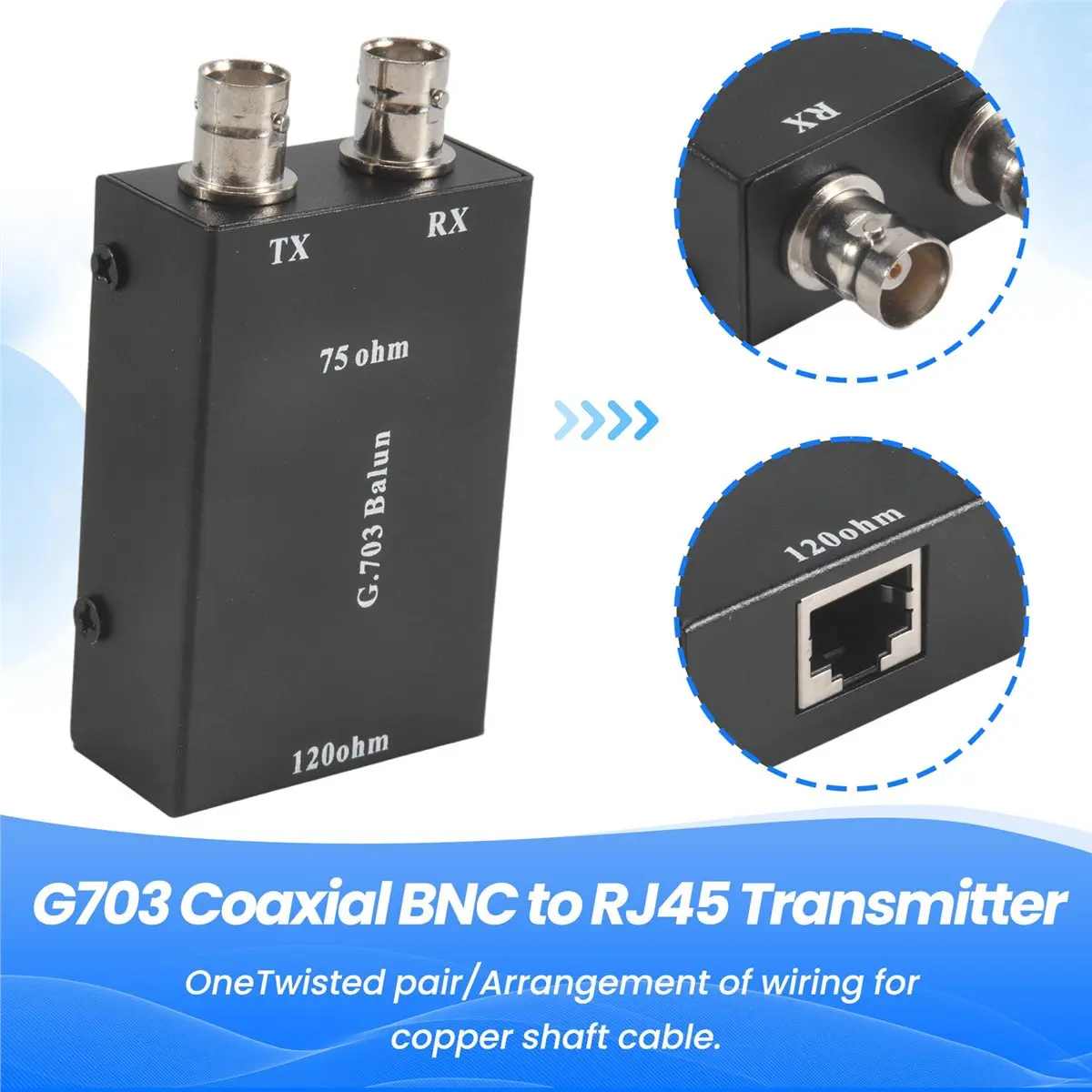 fine 2.048Mbps G703 Coaxial BNC to RJ45 Transmitter E1 Converter Balance to Unbalance 75 Ohm to 120 Ohm Impedance