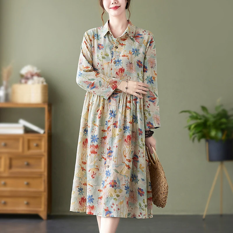 Retro-Blumendruck Midi Dr Single Button Nine Sve Collar Patchwork-Kleid A-Linie Silhouette Pendeln Sle Herbstkleidung