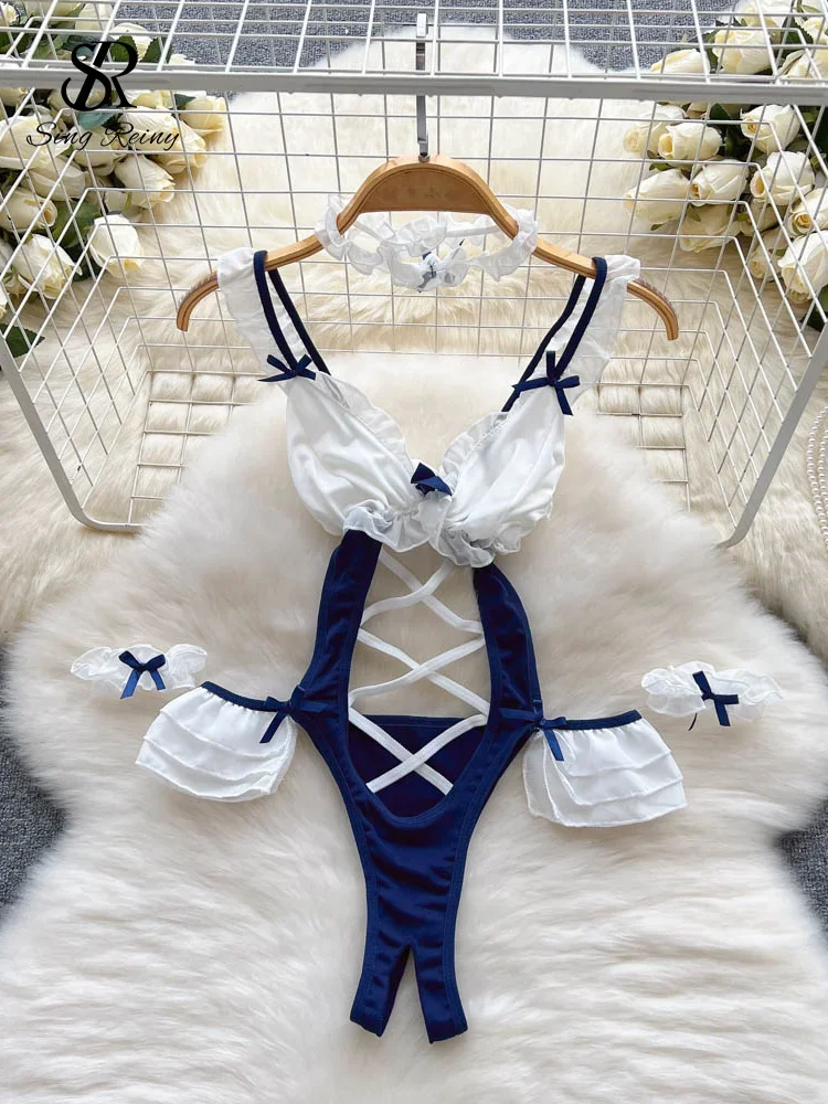 

SINGREINY Cosplay Maid Uniform Sexy Bodysuits Women Ruffles Bow Hollow Out Slim Lingerie Female Open crotch Erotic Jumpsuit Sets