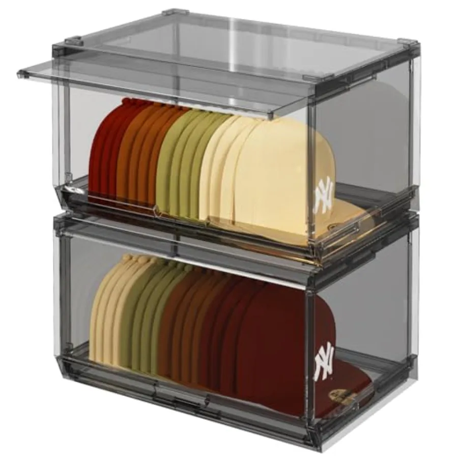 

Large Stackable Baseball Caps Holder Box Containers with Sliding Door for Hats Snapback Cap Storag Hat Rack Display Case Holds