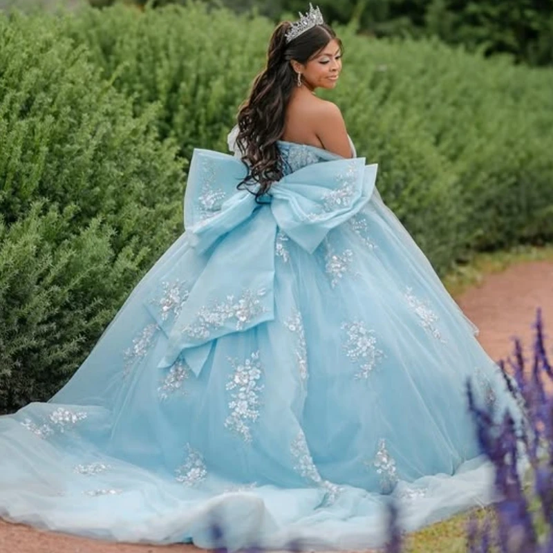 Blue Shiny Quinceanera Dresses Off The Shoulder Applique Lace Beads Bow Tull Party Birthday Sweet 16 Dress Vestidos 15 De Anos