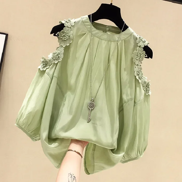 Flower strapless short-sleeved round neck shirt female 2023 summer new Korean version of loose large yards of pure color casual