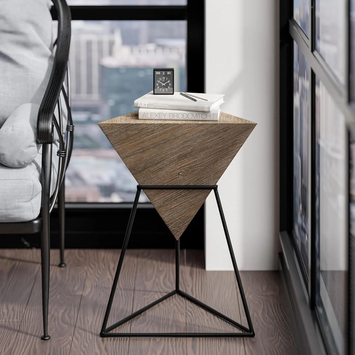 Modern Geometric End Table with Wooden Top and Metal Base, Unique Pyramid Side Table Plant Stand for Office,