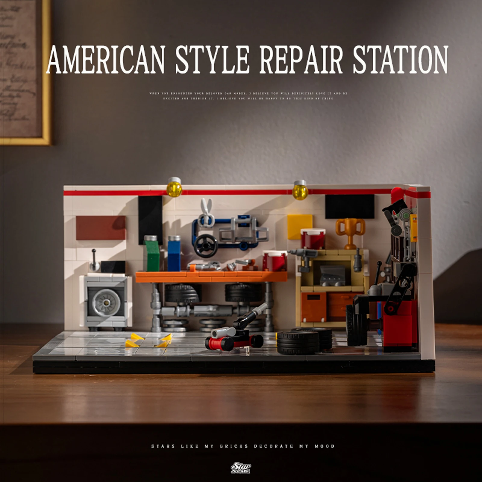 Moc estilo americano loja de reparo de automóveis blocos de construção técnica retro garagem arquitetura diy tijolos brinquedos para crianças adultos presentes