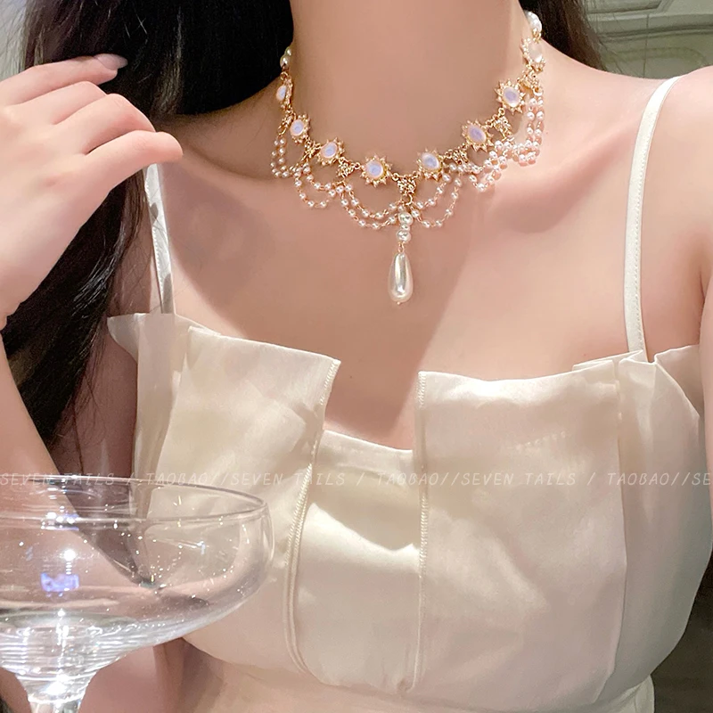 여성용 프랑스 화이트 문라이트 펄 태슬 목걸이, 레트로 헤비 인더스트리 디자인, 멀티 레이어 쇄골 체인, 라이트 럭셔리
