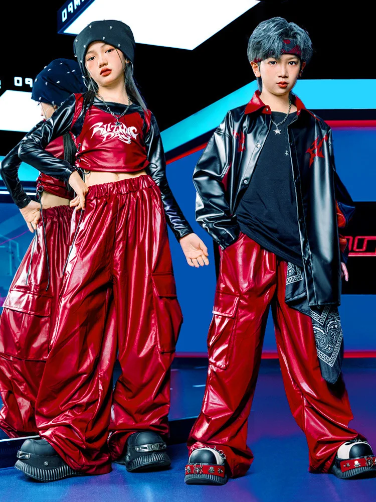 طفل Kpop الهيب هوب الملابس السوداء فو الجلود المحاصيل تي شيرت سترة النبيذ الأحمر البضائع السراويل لفتاة صبي الشارع أزياء رقص الملابس #1