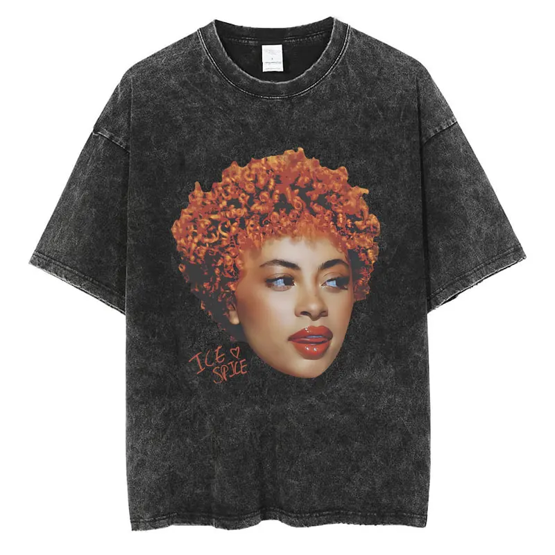 

90S Rapper Ice Spice Washed T-Shirt Men Women Trendy Hip Hop T-shirts Casual Short Sleeve Oversized Cozy Cotton Tops Streetwear