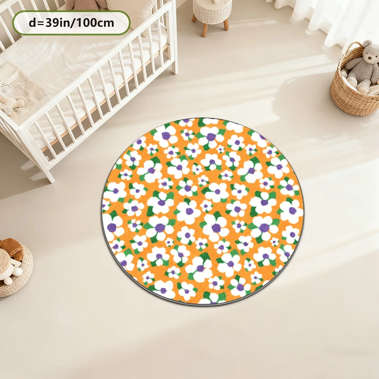 Boho Floral Round Area Rug Kids Nursery Decor Soft Plush Play Mat Carpet Bright Room Decoration for Baby Girl Boys