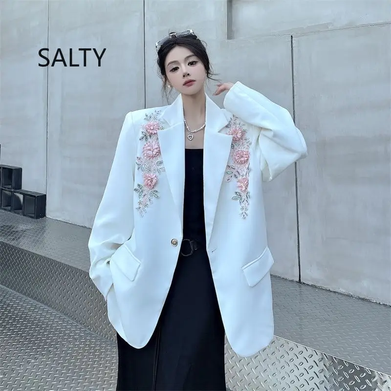 New 2026 Niche Metallic 3D Embroidered White Suit Blazer Women's Spring/Autumn Light Luxury Loose Casual Suits Jacket Woman