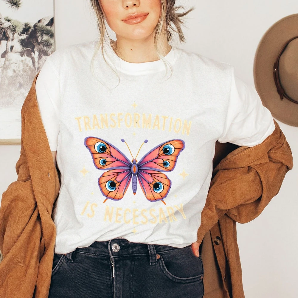 

Casual Tee with Vibrant Butterfly Graphic & Transformation Is Necessary Slogan Inspirational Boho-Inspired Top Washed Cotton