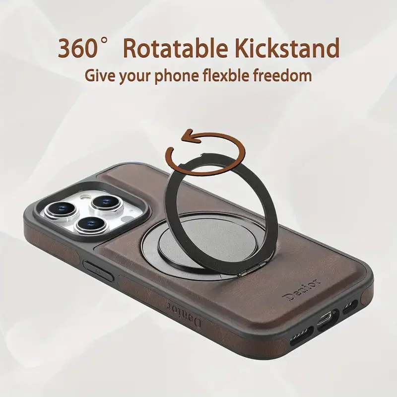 360° Rotate Magnetic Ring Stand Holder Phone Case for iPhone 17 Air 16 15 14 13 12 Pro Max Shockproof PU Leather Mag-safe Cover