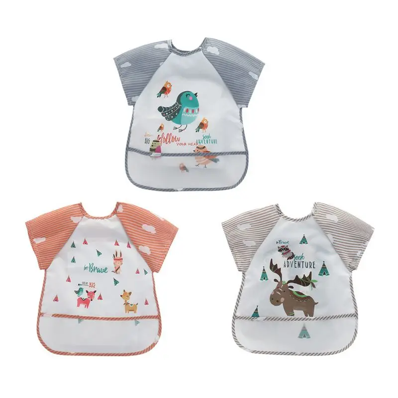 Boys Girls Infant Toddler Baby Smock Feeding Accessories Waterproof Cartoon Short Sleeved Bib Burp Cloths Kids