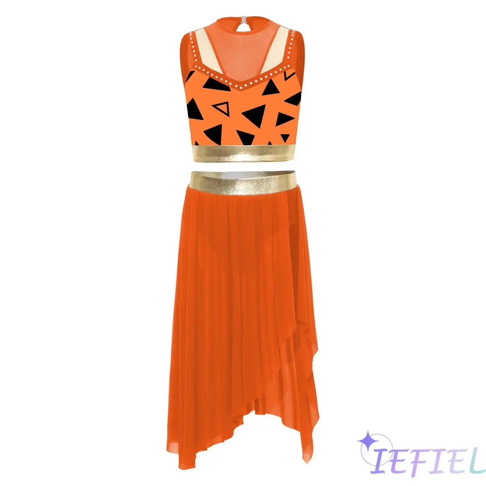 

Kids Girls Cavegirl Costume Set Leopard Print Patchwork Sleeveless Rhinestone Crop Top and Skirt for Halloween Party Dress Up