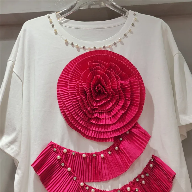 New Special Design Design Sense Top T Shirts Three-dimensional Flower Bead Splicing Lace Fashion Short-sleeved Y2k T-shirt Women