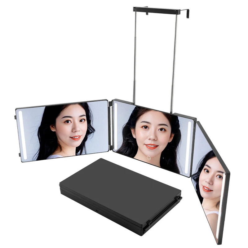 3 Way Hair Cutting Mirror with LED Portable 360 Angle of View 3-fold Door Hang Vanity Mirror for Makeup and Hair Styling at Home