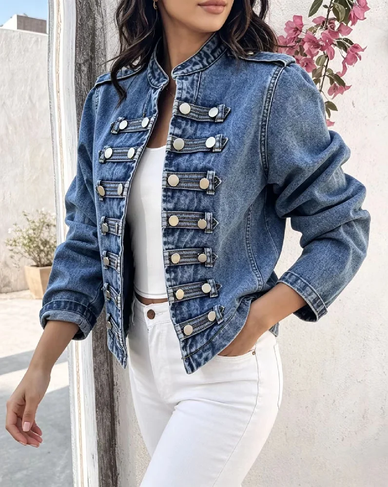 Women Military Style Denim Stand Collar Metal Buttons Long Sleeve Vintage Washed Jean Outerwear