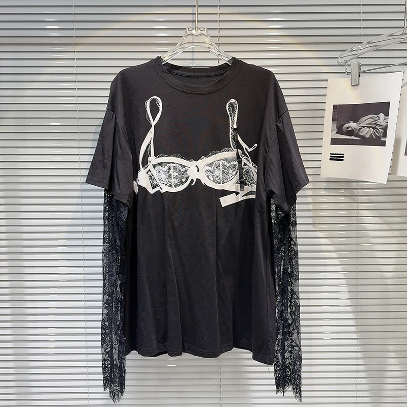 2025 Spring Summer New Niche Sweet and Spicy Lace Underwear Printed Sunscreen Splicing Lace Sleeve T-shirt