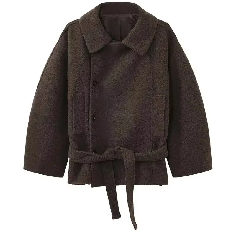 Double-layer Front Opening Warm Jacket. Lapel Single-sided Woolen Coat with Belt, Fashion Women's Wear with Personalized Design