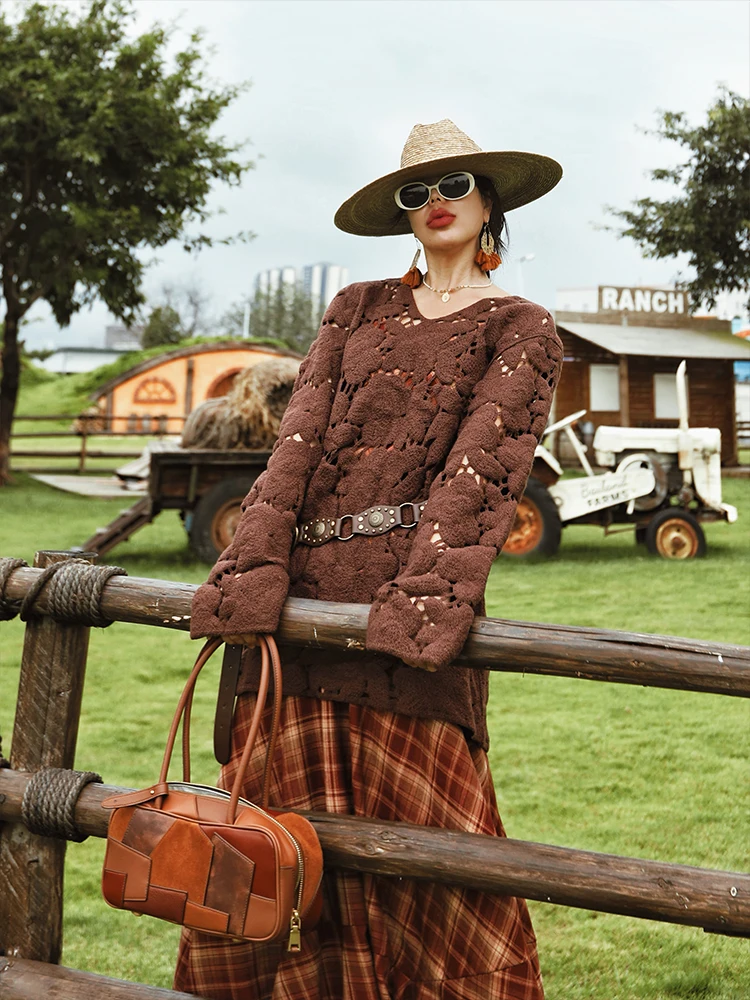 

TIYIHAILEY, весенне-осенние женские вязаные крючком топы с длинным рукавом, коричневая женская одежда, модная новинка 2025 года, коричневый длинный топ с v-образным вырезом