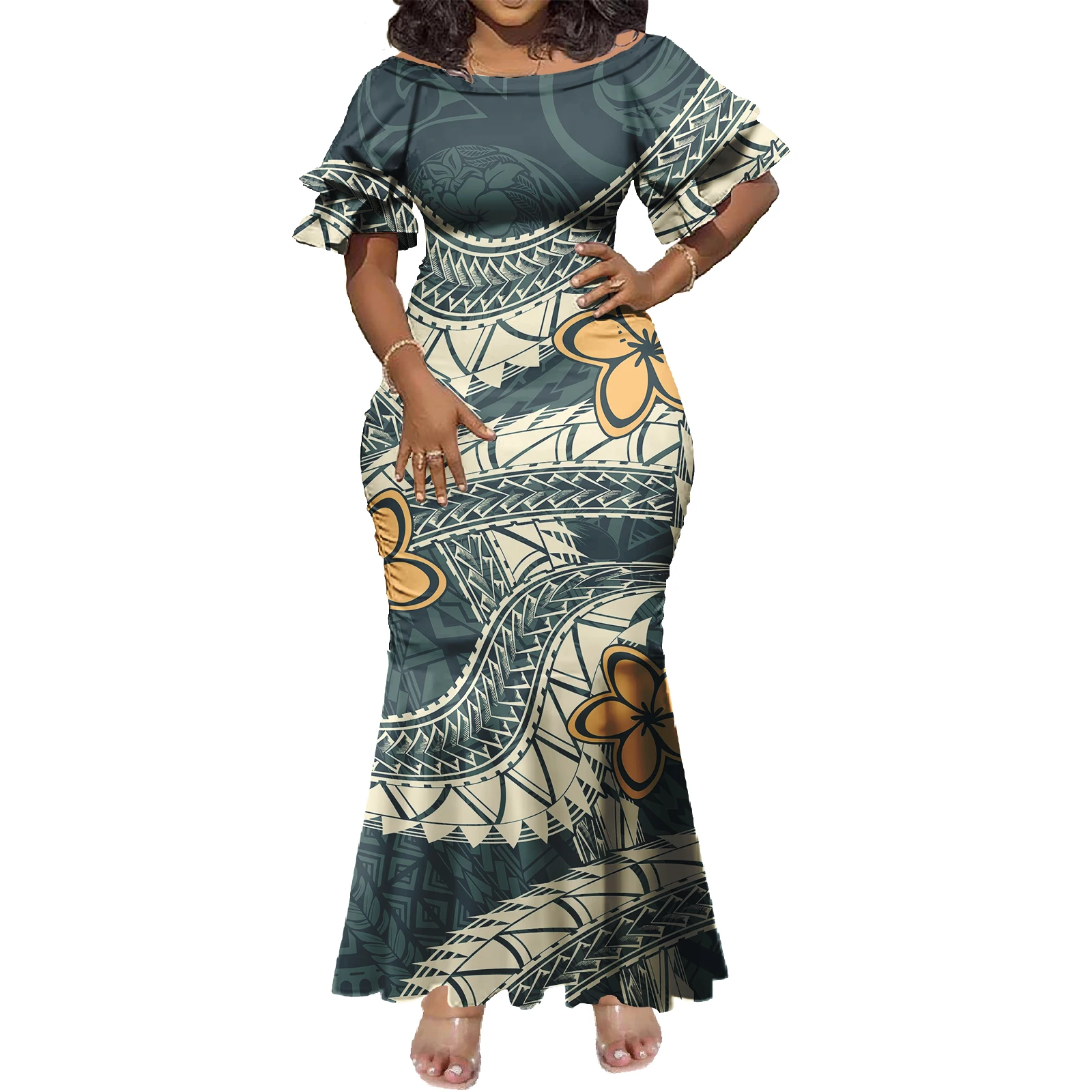 New Design Custom Tapa Pattern Print Polynesian Dresses Women Lady Elegant Big Size Short Sleeve Mermaid Hawaiian Dresses