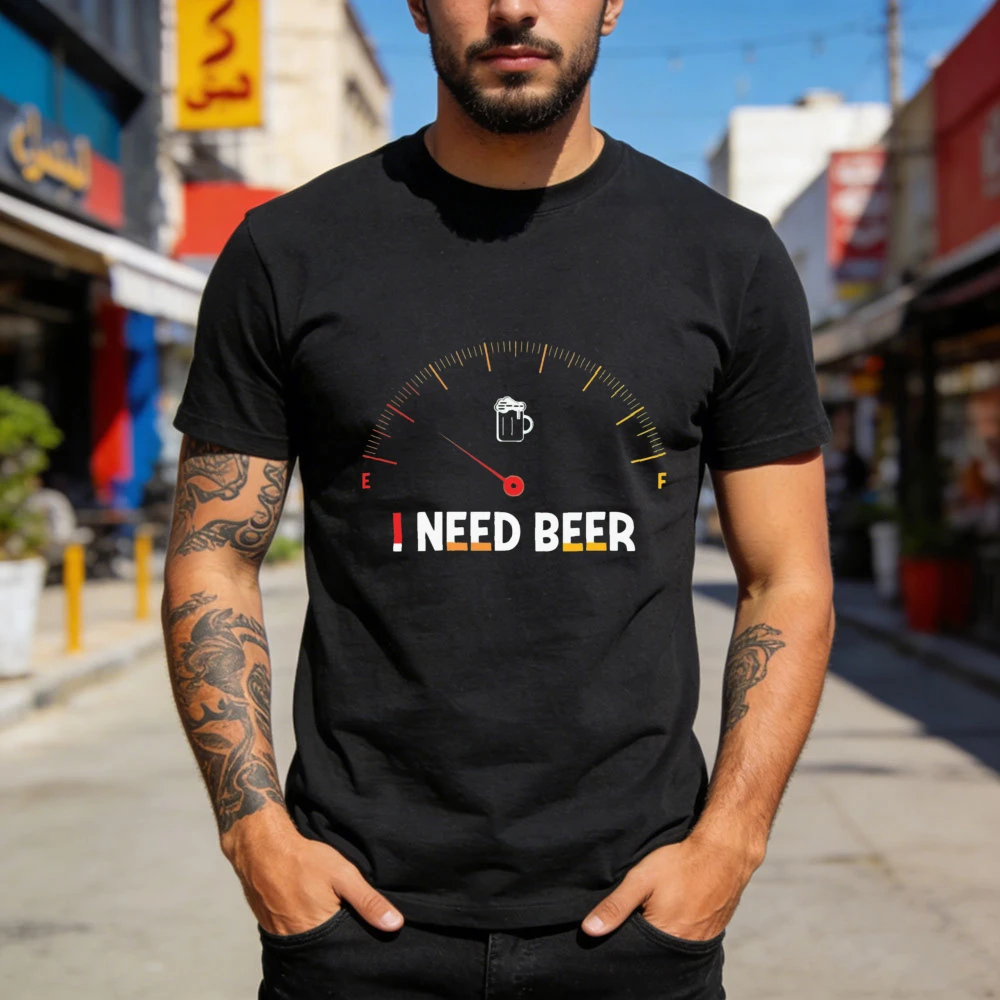 T-shirt décontracté d'été pour homme en coton à manches courtes, motif 'I Need Beer Fuel Gauge', idéal pour les fêtes et comme idée cadeau