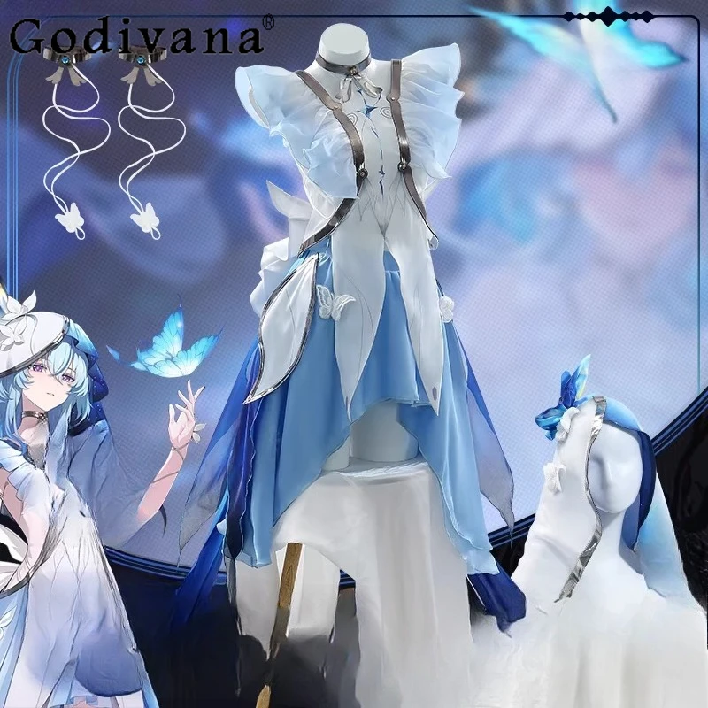 

Women Cosplay Waves Costume Lovely Skirt Set Uniform Game Suit Halloween Outfit Female Sweet White Blue Role Play Set