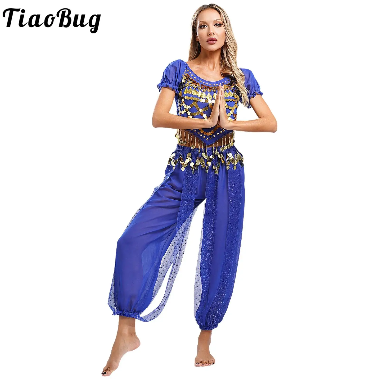 

Women Bollywood Indian Arabian Dancing Belly Performance Outfit Shiny Sequin Crop Top And Bloomer Pants Belly Dance Costumes Set