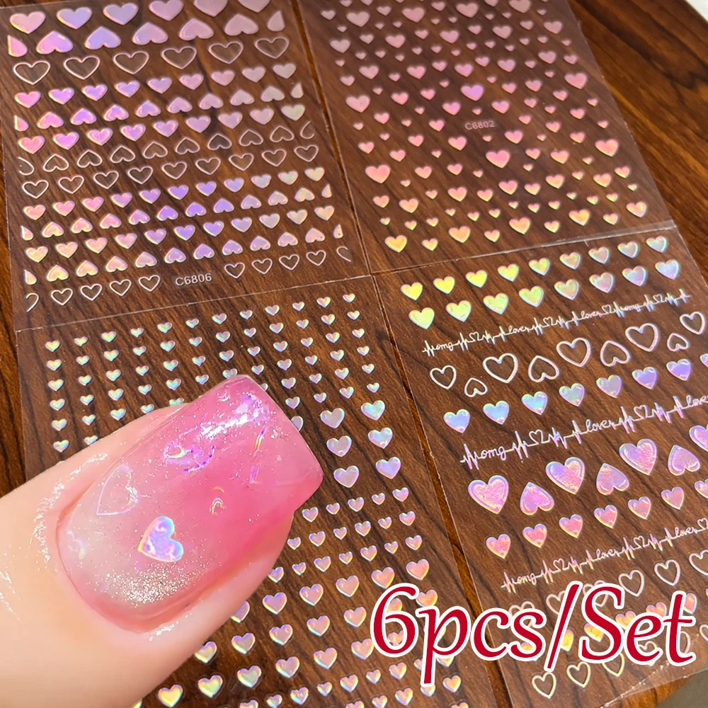 6pcs Laser Silver Pink Heart Nail Art Decals 3D Metallic Silver Effect Love-Heart Nail Stickers For Women Valentine' Nail Decor