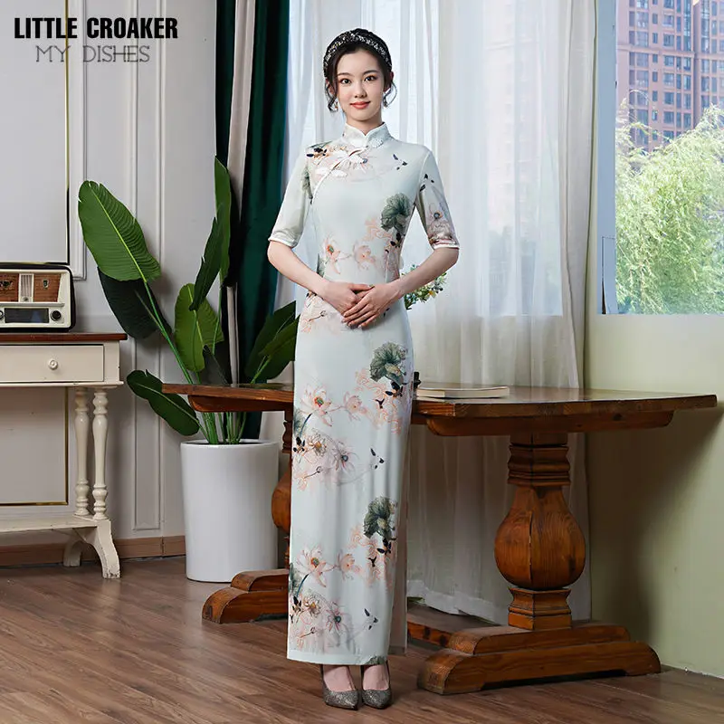 Retro Style Qipao Slim Size Modified Daily Long Cheongsam Summer and Autumn Girls China-Chic Elegant Performance Catwalk Dress