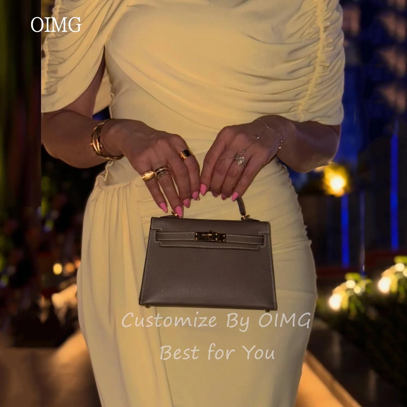 OIMG – robe de bal de forme sirène jaune beurre, gracieuse, col haut, longueur cheville saoudienne, personnalisée