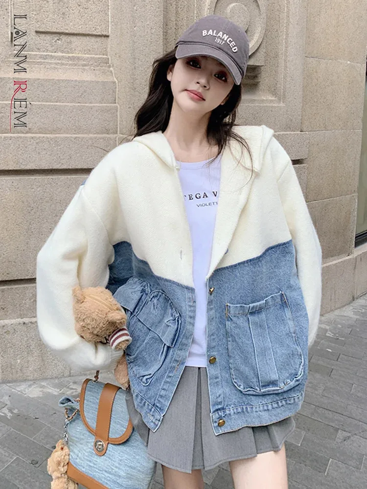 

LANMREM Knitted Denim Jacket For Women Hooded Long Sleeves Patchwork Coats Female Casual Clothing 2024 Autumn Winter New 2DB1056