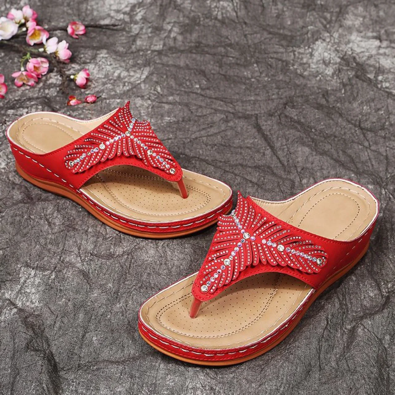 

Women's Wedge Sandals Flash Diamond Decoration Comfortable Flip-flops Summer Plus Size Wedge Heel Beach Shoes sandalias de mujer
