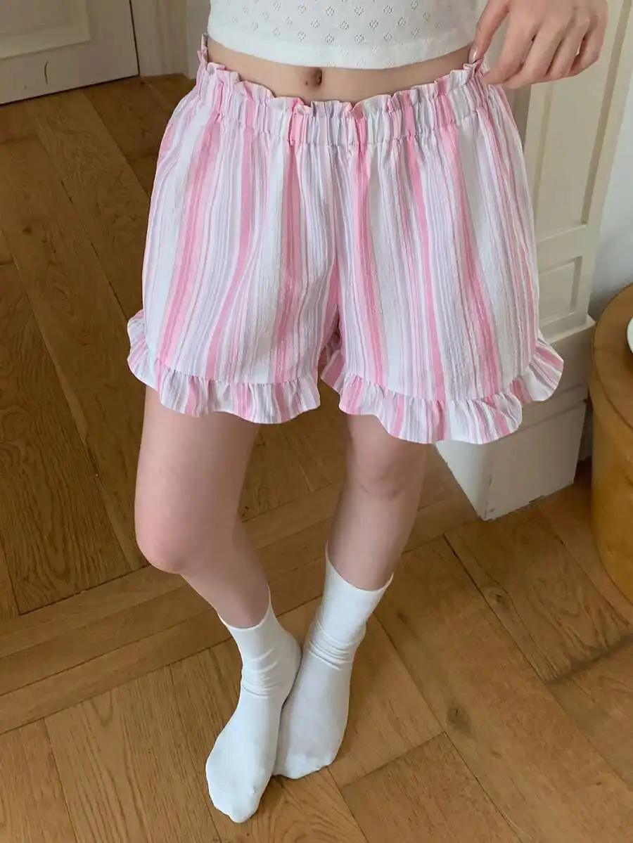 Womens Pink And White Striped Ruffle Hem Pajama Shorts